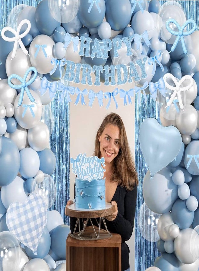 Togvu Dusty Blue Bow Birthday Decorations, Coquette Bow Blue White and Clear Balloons with Happy Birthday Banner Fringe Curtain Cake Toppers for Women Girls Baby Shower Party Supplies - Image 5